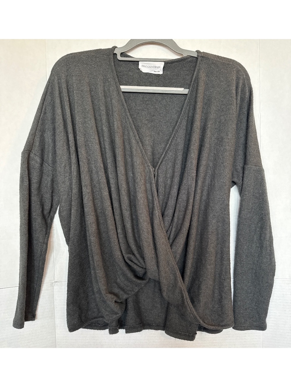 Self Contrast Gray Long Sleeve Wrap Front Top Size Small